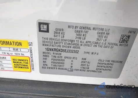 2014 Chevrolet Traverse 1Lt z USA, uszkodzony, nr VIN 1GNKRGKD8EJ332302